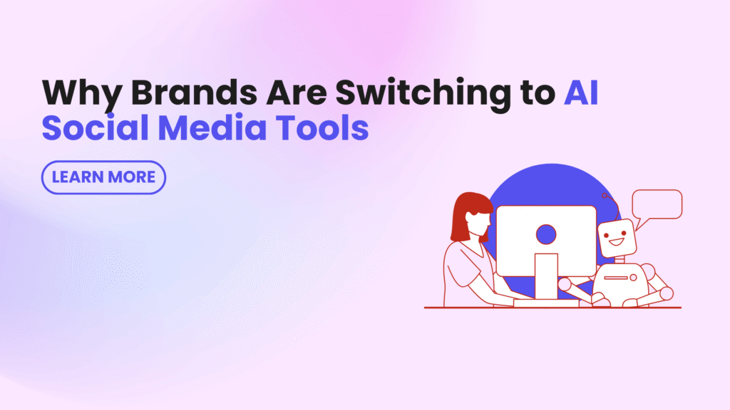 Illustration showing an AI social media manager using AI social media tools to automate social media marketing and engagement.